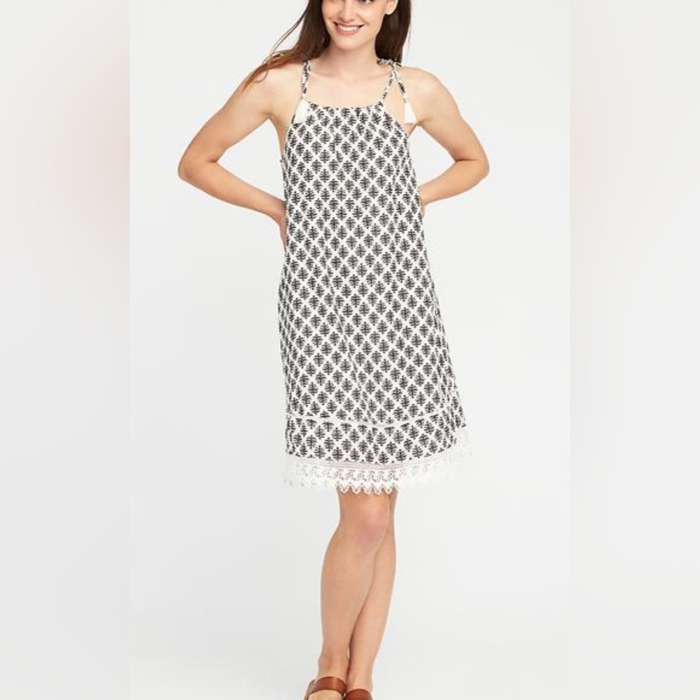 Old Navy Womens White Black Leaf Print Halter Neck Tank Dress Size XS